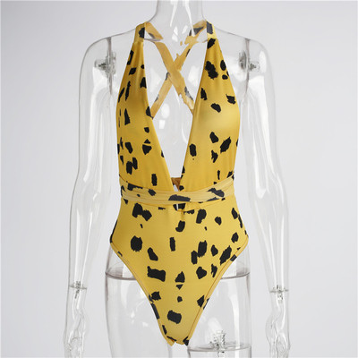 Бански костюм за дамите с дълбоко V-образно деколте и връзки