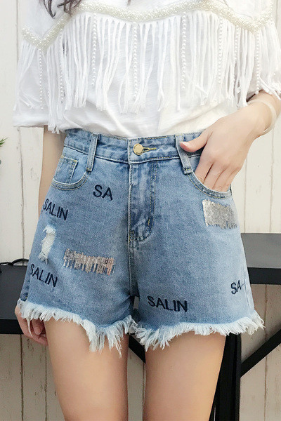 Модерни къси дънкови панталони за дамите с висока талия, надпис и декорация пайети