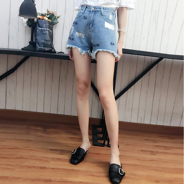 Модерни къси дънкови панталони за дамите с висока талия, надпис и декорация пайети