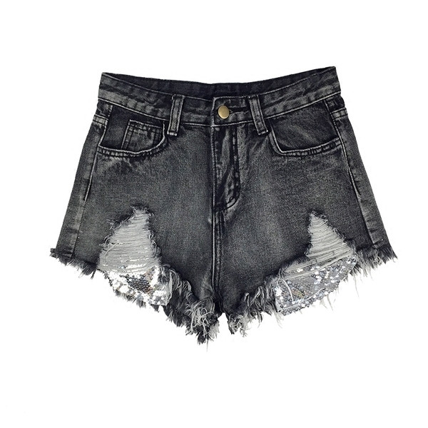 Стилни къси дънкови панталони с дълбоки джобове с пайети и висока талия