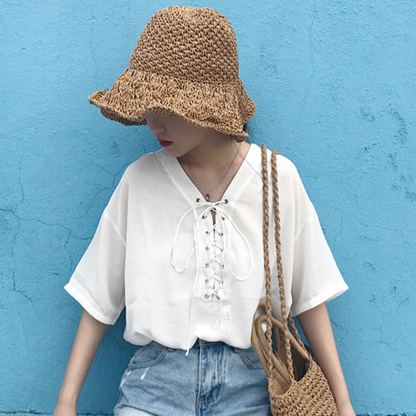 Ежедневна дамска риза с 3/4 ръкав и V-образно деколте с връзки