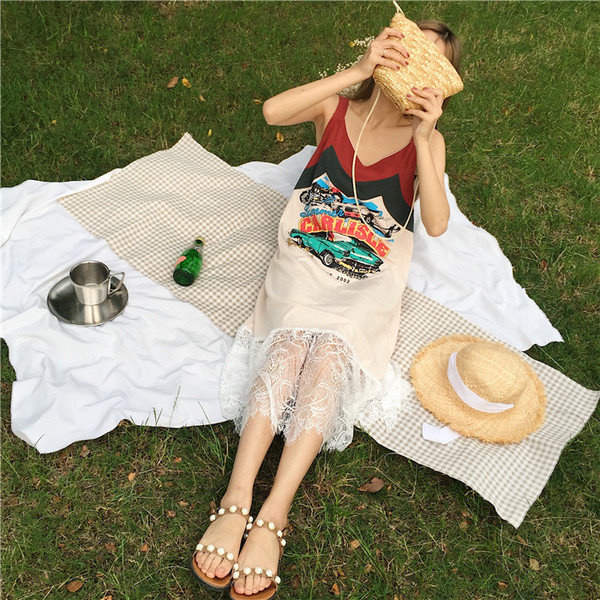 Ежедневна лятна дамска рокля с дантела и изображение