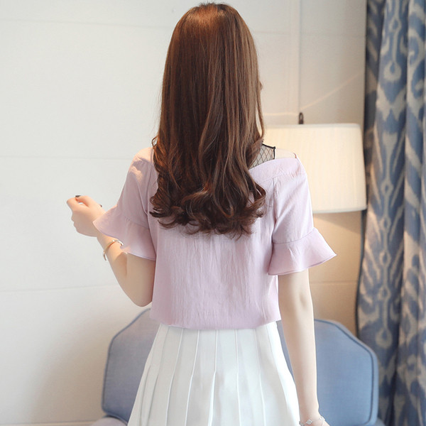 Стилна шифонена блуза с мрежичка и волани по ръкавите