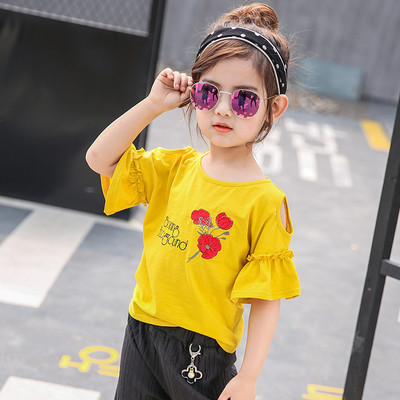 Лятна детска блуза за момичета с широки ръкави и бродерия