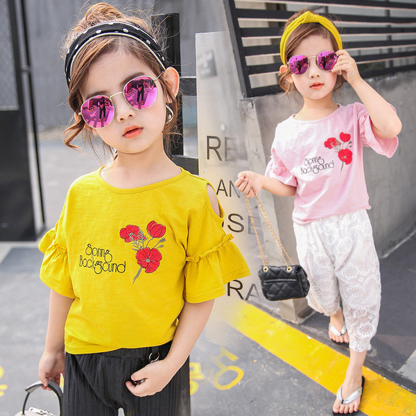 Лятна детска блуза за момичета с широки ръкави и бродерия