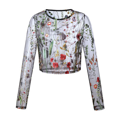 Много нежна дамска прозираща блузка с флорални шарки и дълъг ръкав
