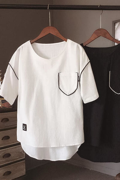 Тънка ленена блуза с О-образна яка, издължена отзад