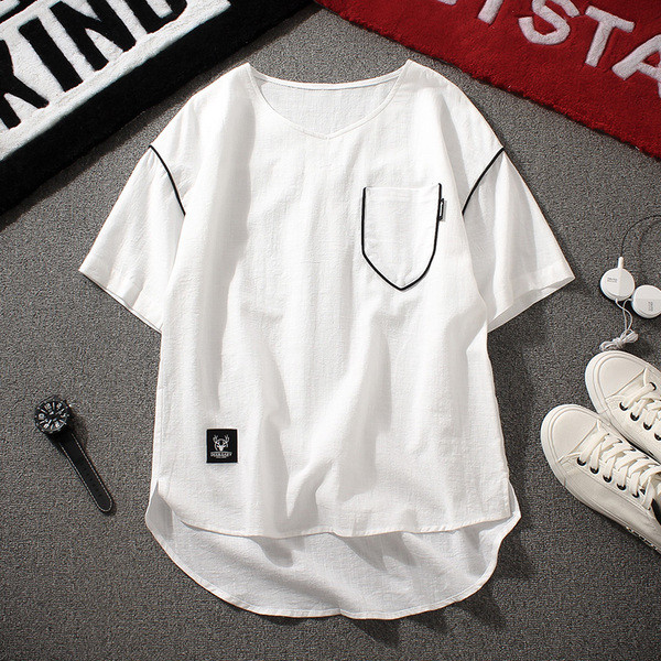 Тънка ленена блуза с О-образна яка, издължена отзад