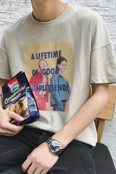 Широка мъжка тениска с изображение и надпис