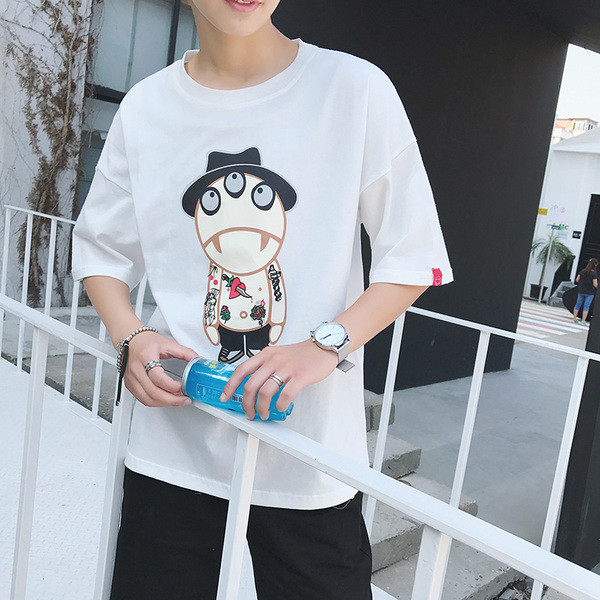 Мъжка тениска с изображение в бял и черен цвят с 3/4 ръкав