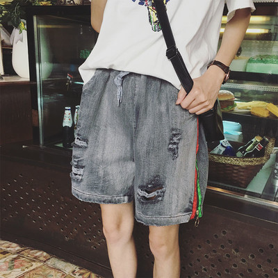 Интересен модел мъжки дънкови панталони с връзки и накъсани в сив цвят