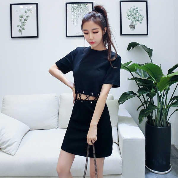 Γυναικείο μαύρο φόρεμα με κορδόνια στη μέση