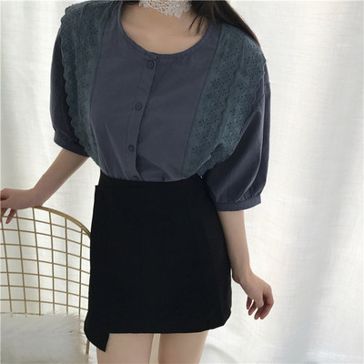 Широка дамска риза с 3/4 ръкав в син и червен цвят