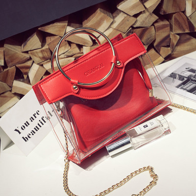 Стилна дамска чанта с два вида дръжки - метална халка и дълга метална дръжка