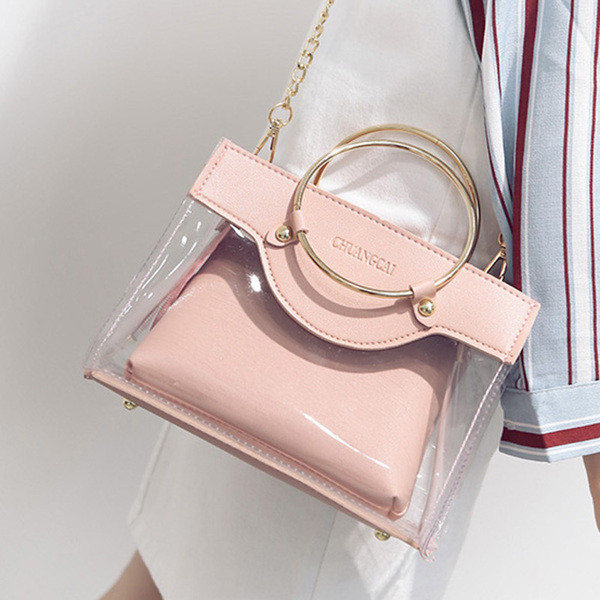 Стилна дамска чанта с два вида дръжки - метална халка и дълга метална дръжка