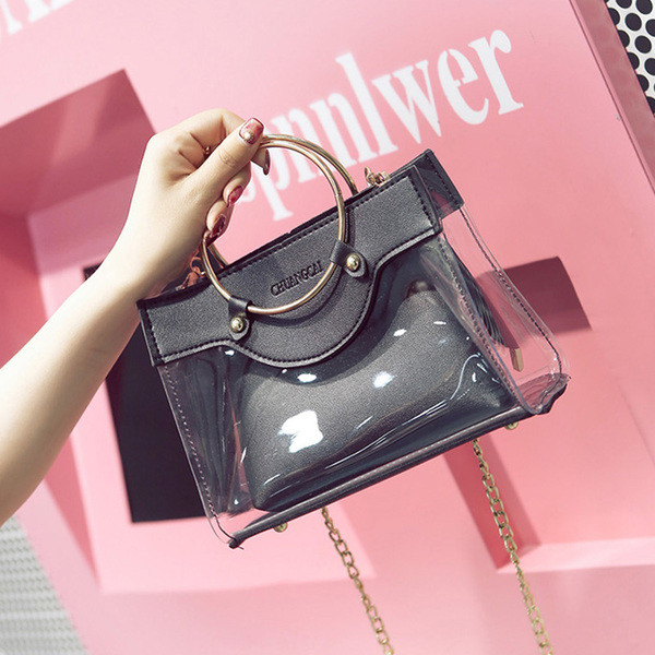 Стилна дамска чанта с два вида дръжки - метална халка и дълга метална дръжка