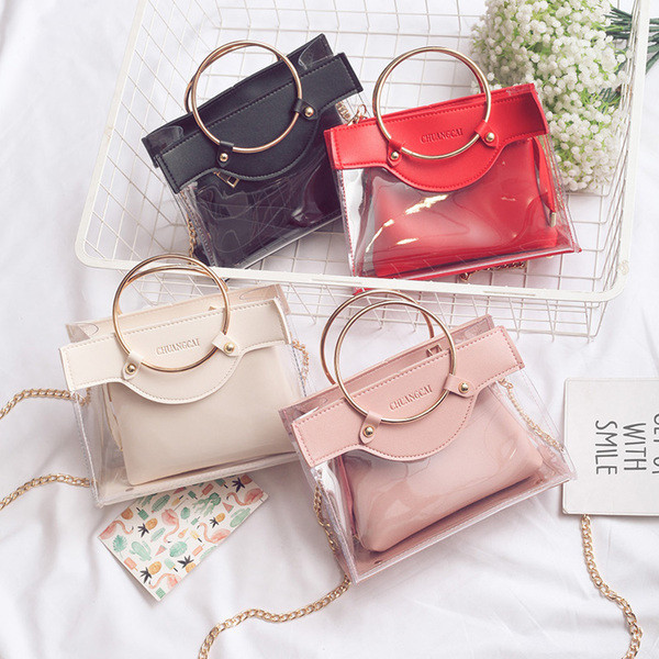 Стилна дамска чанта с два вида дръжки - метална халка и дълга метална дръжка