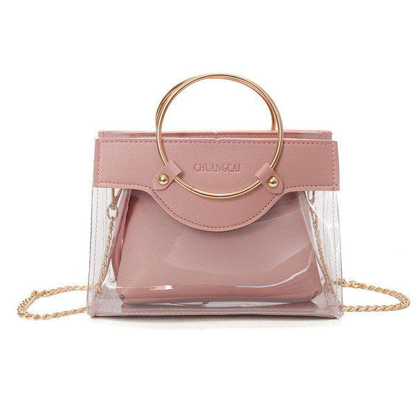 Стилна дамска чанта с два вида дръжки - метална халка и дълга метална дръжка