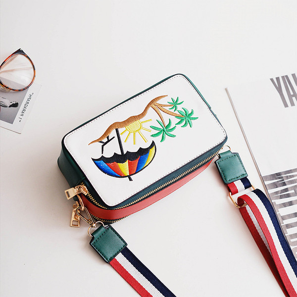 Лятна дамска чанта с бродерия и с цветна дръжка