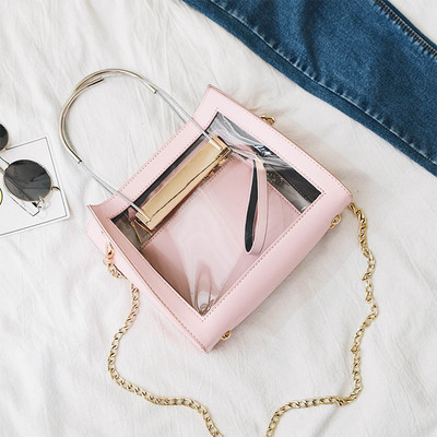 Модерна дамска чанта с прозрачна вътрешност + портмоне и с метални дръжки