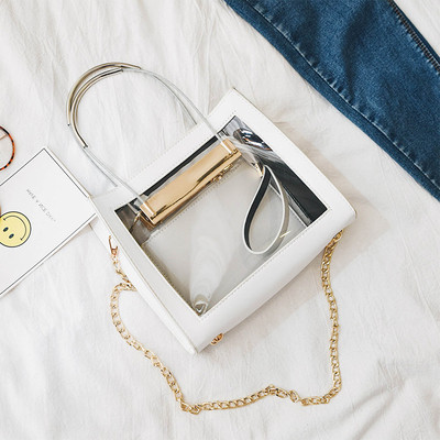 Модерна дамска чанта с прозрачна вътрешност + портмоне и с метални дръжки