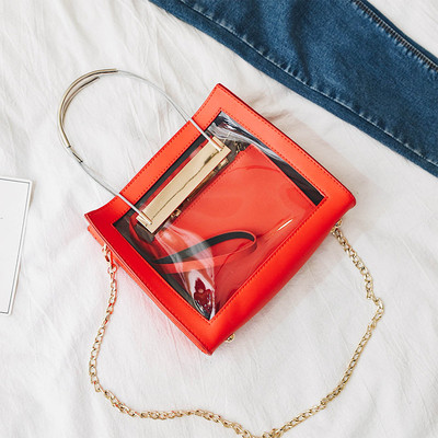 Модерна дамска чанта с прозрачна вътрешност + портмоне и с метални дръжки
