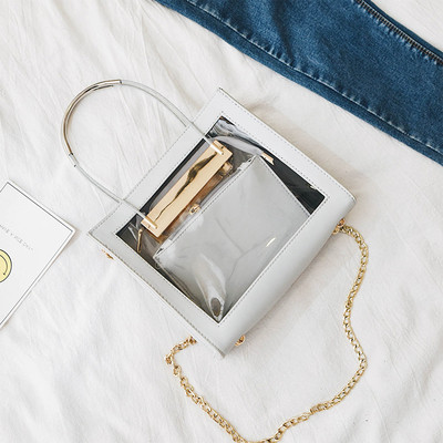 Модерна дамска чанта с прозрачна вътрешност + портмоне и с метални дръжки