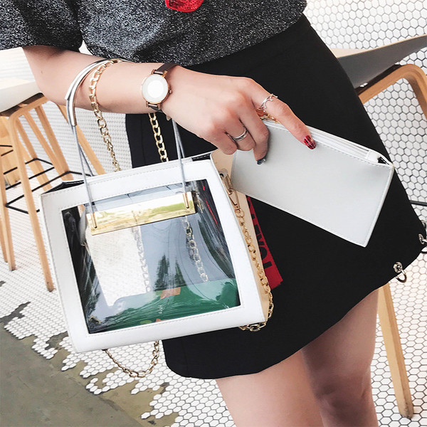 Модерна дамска чанта с прозрачна вътрешност + портмоне и с метални дръжки