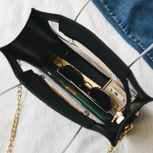Модерна дамска чанта с прозрачна вътрешност + портмоне и с метални дръжки