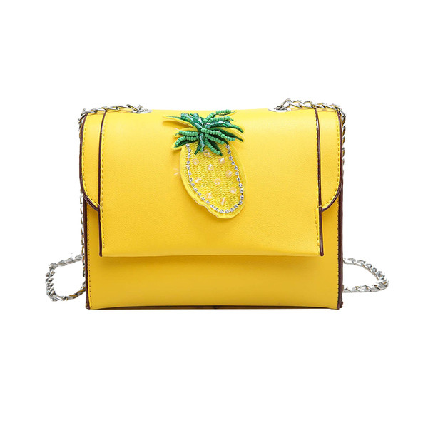 Стилна мини дамска чанта с метална дръжка и декорация ананас