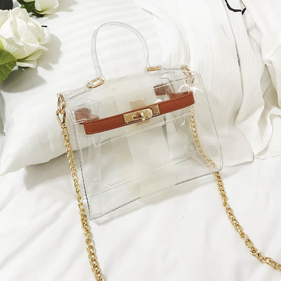 Модерна прозрачна чанта за дамите с цветна лента и метална дръжка