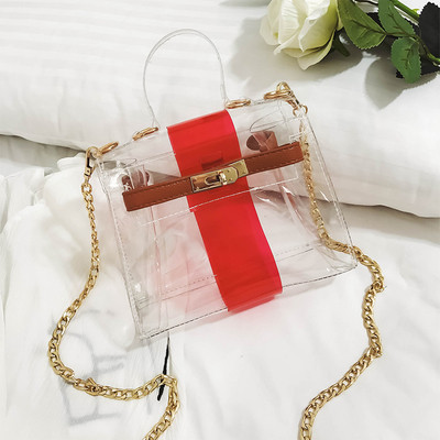 Модерна прозрачна чанта за дамите с цветна лента и метална дръжка