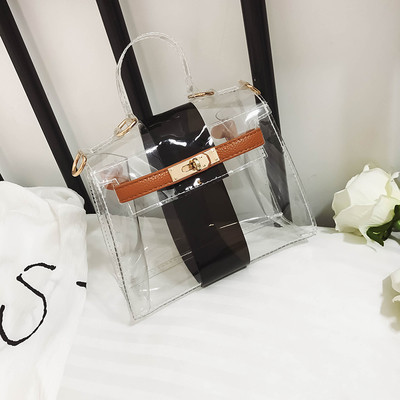 Модерна прозрачна чанта за дамите с цветна лента и метална дръжка