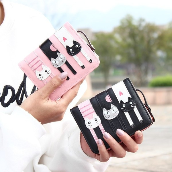 Мини дамски портфейл с декорация котета в три разцветки