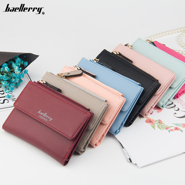 Мини дамски портфейл с цип и надпис в разнообразие от цветове