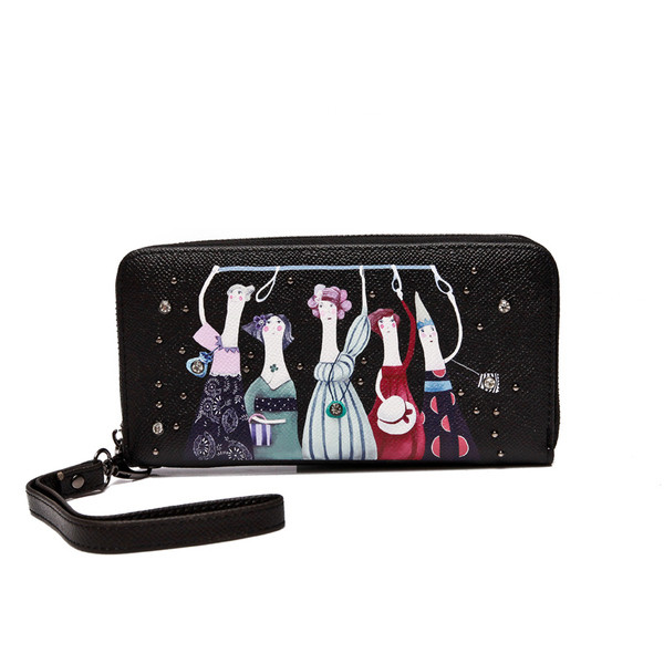 Красив дамски портфейл в два цвята с изображение и с дръжка