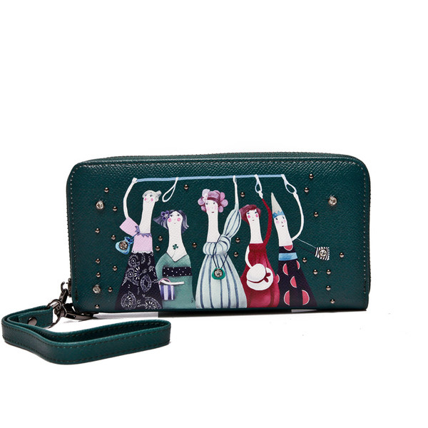 Красив дамски портфейл в два цвята с изображение и с дръжка