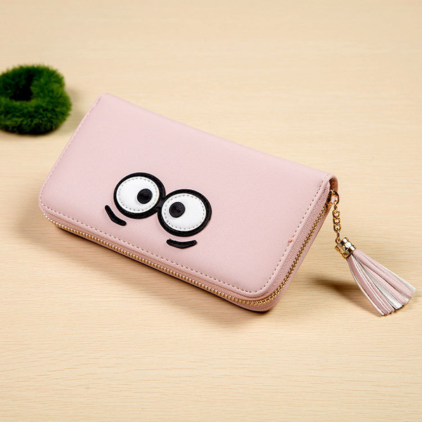 Сладък дамски портфейл с пискюл и очички