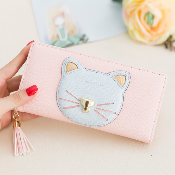 Дамски портфейл с декорация коте и пискюл в четири цвята