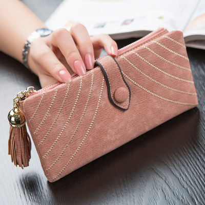 Стилен дамски портфейл с пискюл и копче в пет цвята