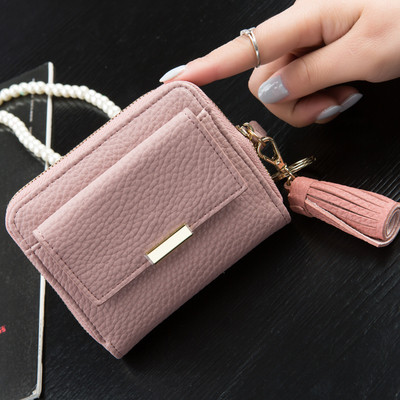 Красив мини дамски портфейл с пискюл в свежи цветове