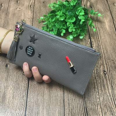 Стилен дамски портфейл с декорация и пискюл в три цвята