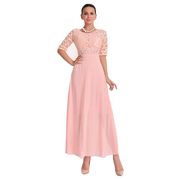 Γυναικείο μακρύ φόρεμα  με κοντά μανίκια και κολάρο σε σχήμα O