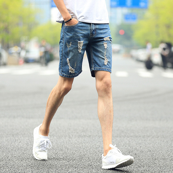 Мъжки дънкови къси панталони - накъсани в син цвят