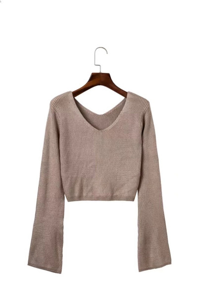 Γυναικείο σύντομο πουλόβερ με V-λαιμόκοψη και μακρύ φαρδύ μανίκι