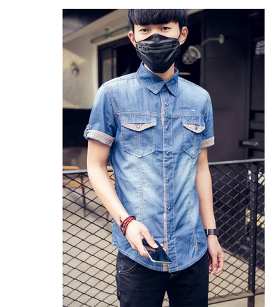 Αθλητικό κομψό ανδρικό denim ποουκάμισο με κοντό μανίκι