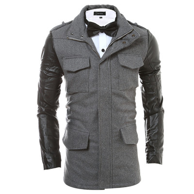 Πολύ κομψό και μακρύ ανδρικό παλτό με δερμάτινα μανίκια και τσέπες σε τρία χρώματα