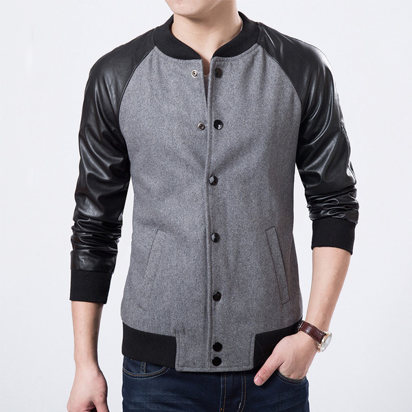 Ανδρικό Μπουφάν Μπέιζμπολ με δερμάτινα μανίκια και κουμπιά σε γκρι και μαύρο χρώμα