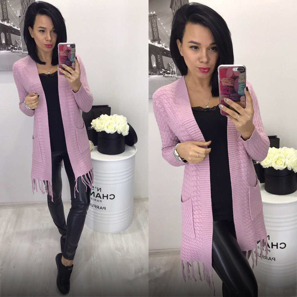 Дълга дамска ежедневна плетена жилетка с интересни ресни в долния си край - 5 модела