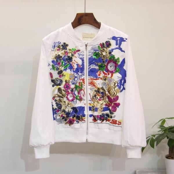 Модерно бомбър яке за дамите с флорална апликация в бял и черен цвят